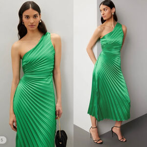 Delfi Leah Pleated Satin One Shoulder Elegant Midi Dress